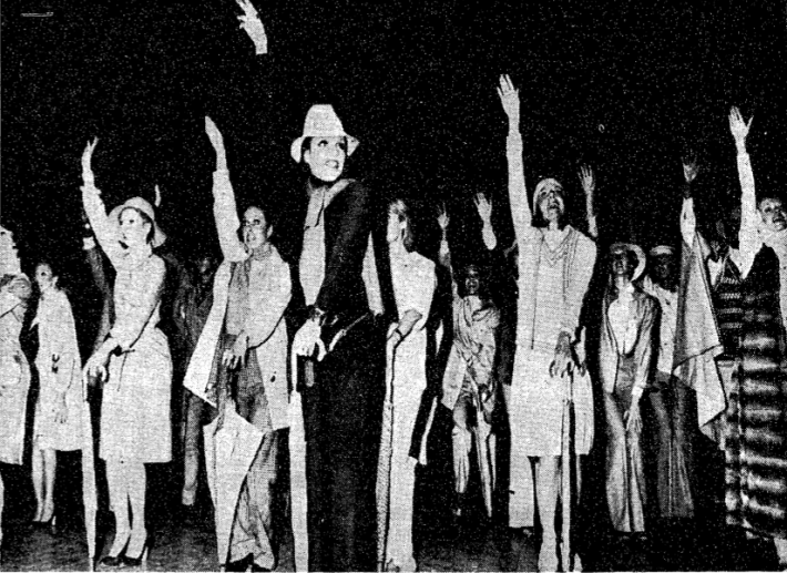Photograph of Liza Minnelli performing in the American fashion show at the Palace of Versailles 1973 event,  by Jean-Luce Hure for the New York Times, November 30, 1973