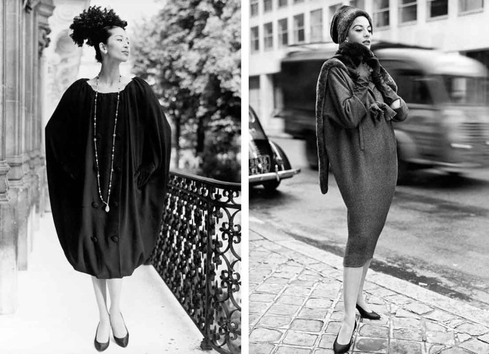 Givenchy debuted his shapeless "Sack" dress in 1957, the same year that Balenciaga presented a similar silhouette. The design evolved out of the "Shirt Dress" featured at left and was largely copied by manufactures, signifying a shift away from the highly-structured silhouettes that dominated 1950s fashion. Image via Givenchy.com