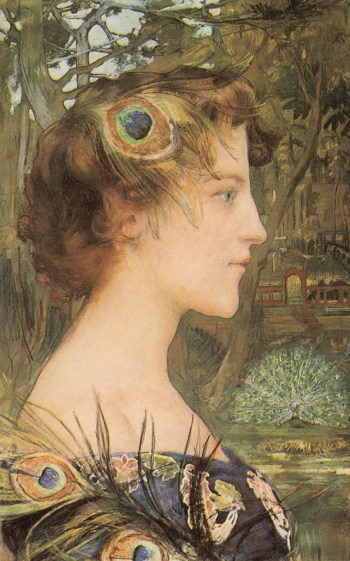 Profile with Peacock by Edgar Maxence, cir. 1896. Private Collection. Image via Artstor.org. Like other Symbolist painters of the day, Maxence employs the peacock in both a literal and a figurative sense. By depicting the peacock feather as a fashionable accessory, he is also alluding to the bird's symbolic associations with pride and vanity. As the displaying peacock in the background demonstrates, the bird struts and shows off in an effort to find a mate.  “Peacocking” was used to describe men, and occasionally women, who were observed to do the same.  
