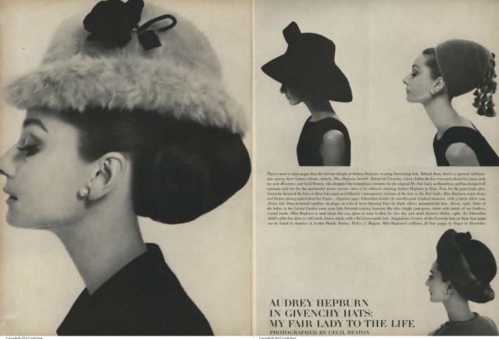 Givenchy was known for his fun and creative hats. Here, some examples are modeled by Givenchy muse Audrey Hepburn in the August 15, 1964 issue of Vogue. 