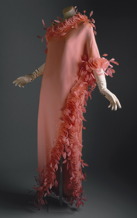 Givenchy evening gown, ca. 1968, Salmon-colored silk with feathers, in the collection at the Metropolitan Museum of Art.