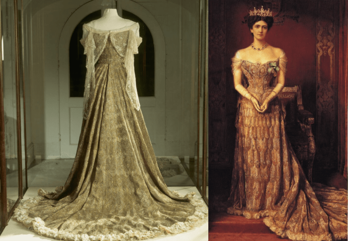 Ceremonial dress by the House of Worth worn by Lady Curzon, painted at right by William Logsdale, 1903. Painting and dress in the collection of, and image via, London Kedleston Hall, Eastern Museum, Derbyshire, UK. 