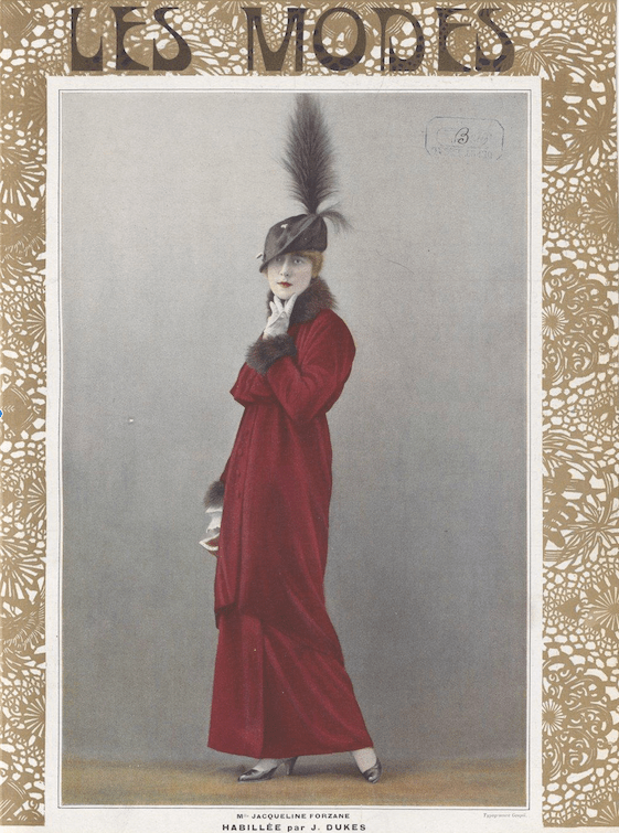 Hat worn by the actress Forazane in the March 1913 issue of Les Modes. By 1913, the fad for wide hats had given way to narrow hats with a vertical emphasis. While feathers were still used, they were reduced to a decorative flourish.